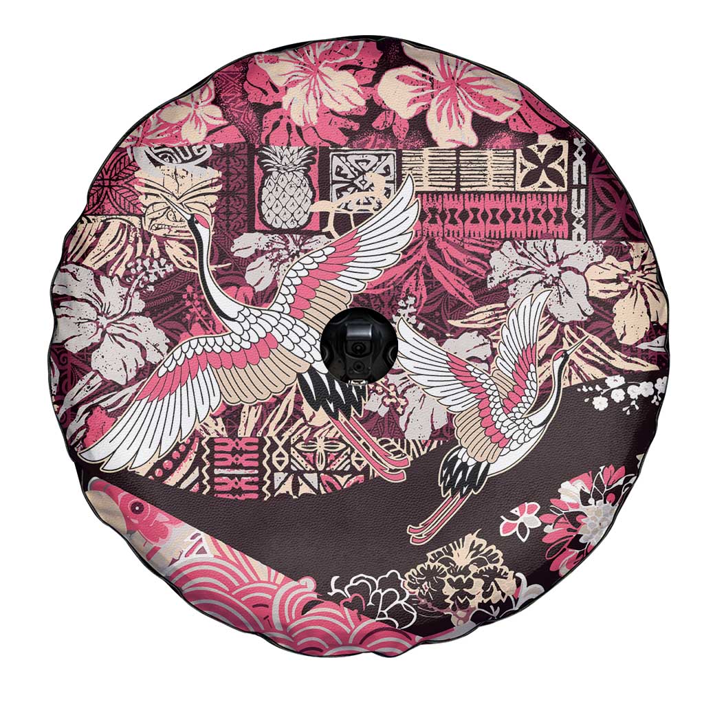 Japanese Hawaiian Crane Spare Tire Cover Soft Pink Tapa Patchwork Pattern
