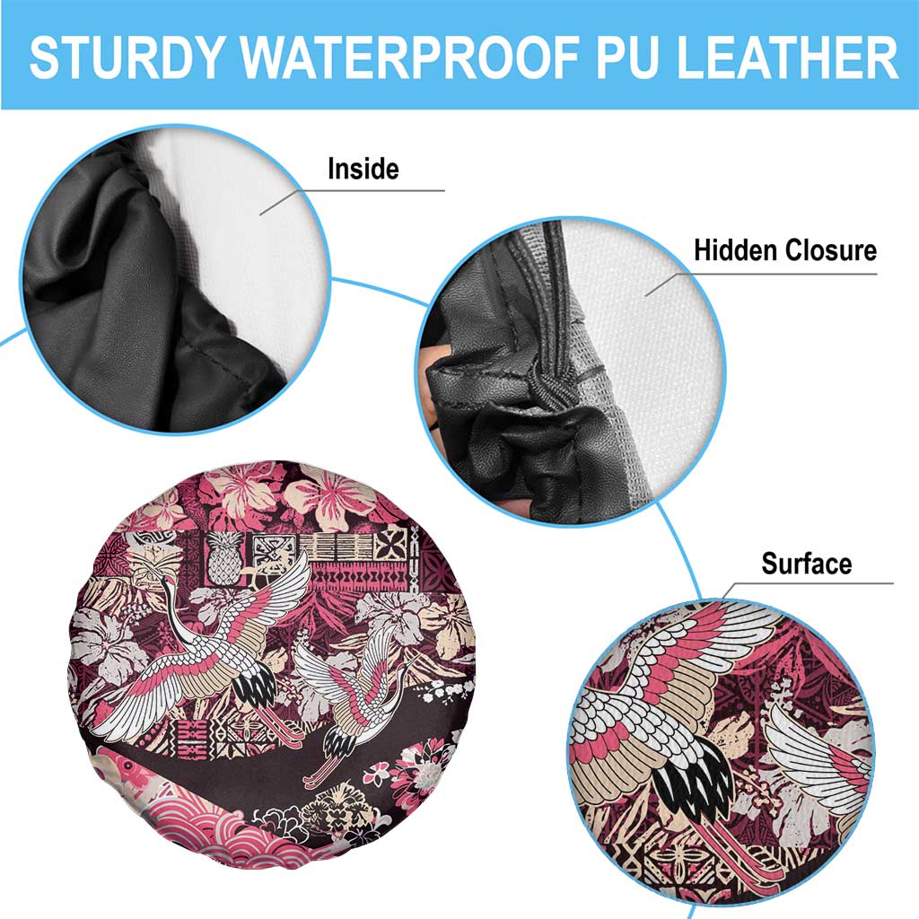 Japanese Hawaiian Crane Spare Tire Cover Soft Pink Tapa Patchwork Pattern