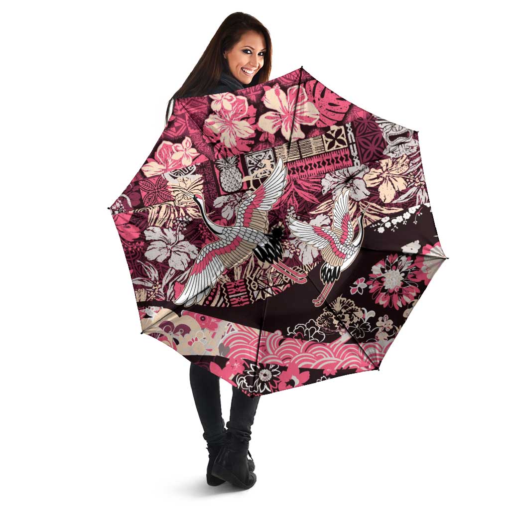 Japanese Hawaiian Crane Umbrella Soft Pink Tapa Patchwork Pattern