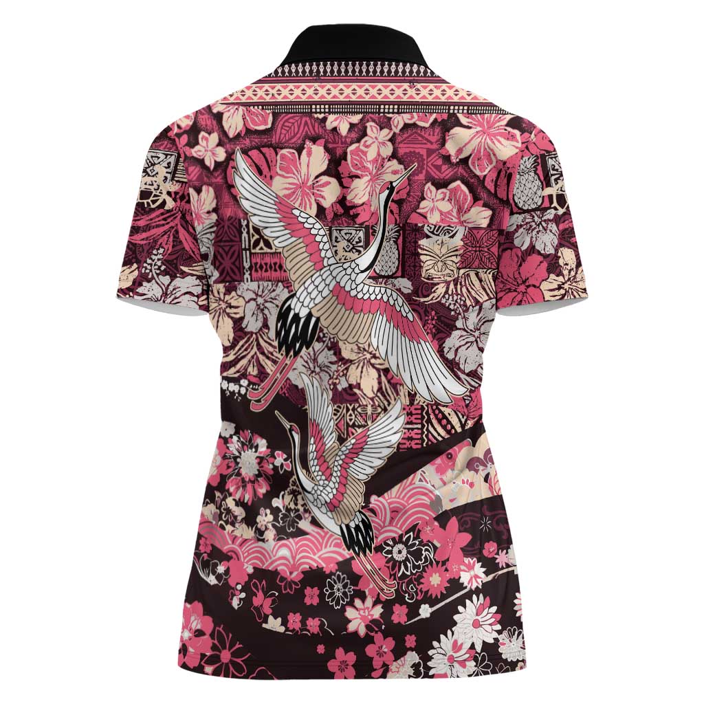 Japanese Hawaiian Crane Women Polo Shirt Soft Pink Tapa Patchwork Pattern