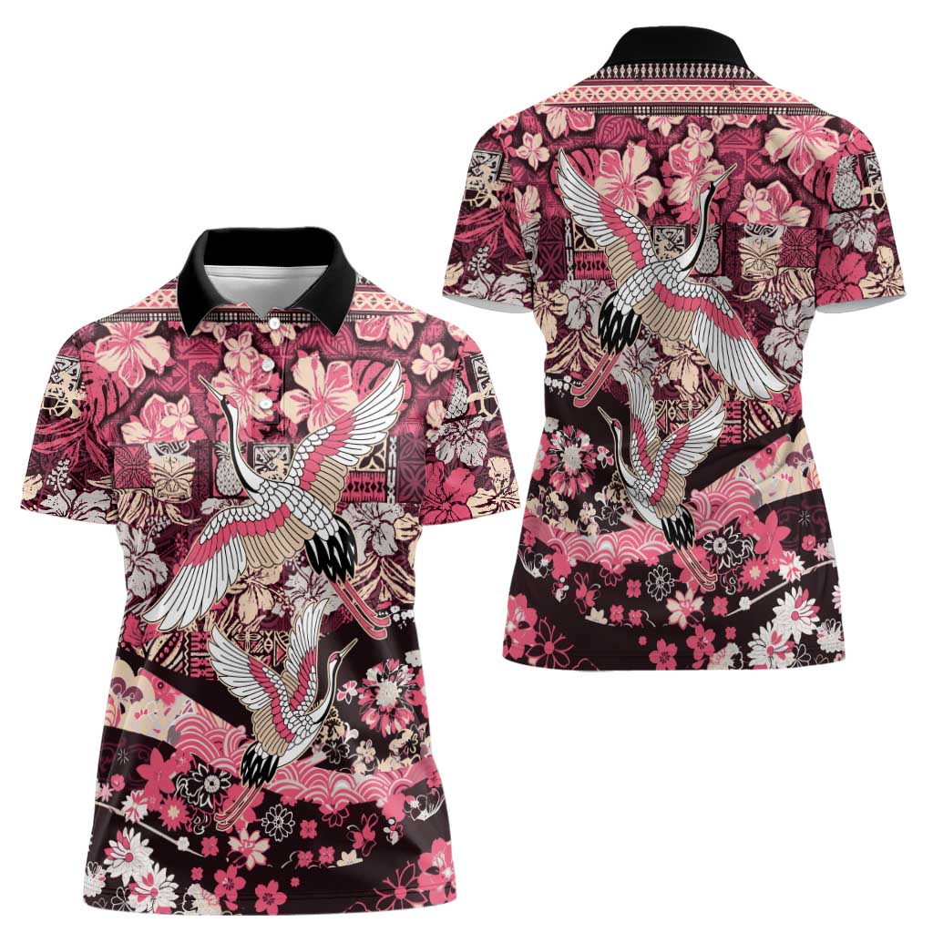 Japanese Hawaiian Crane Women Polo Shirt Soft Pink Tapa Patchwork Pattern