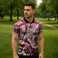 Japanese Hawaiian Crane Zipper Polo Shirt Soft Pink Tapa Patchwork Pattern