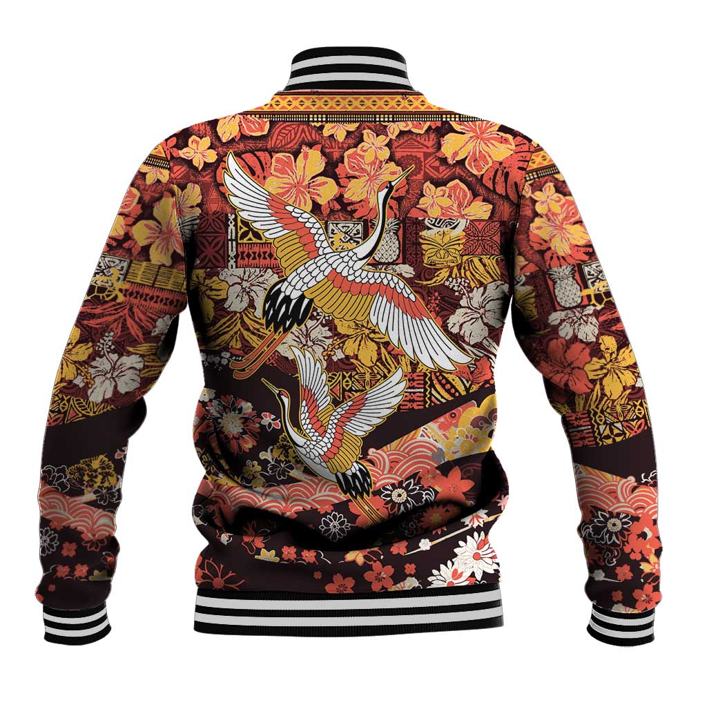Japanese Hawaiian Crane Baseball Jacket Yellow Ochre Tapa Patchwork Pattern