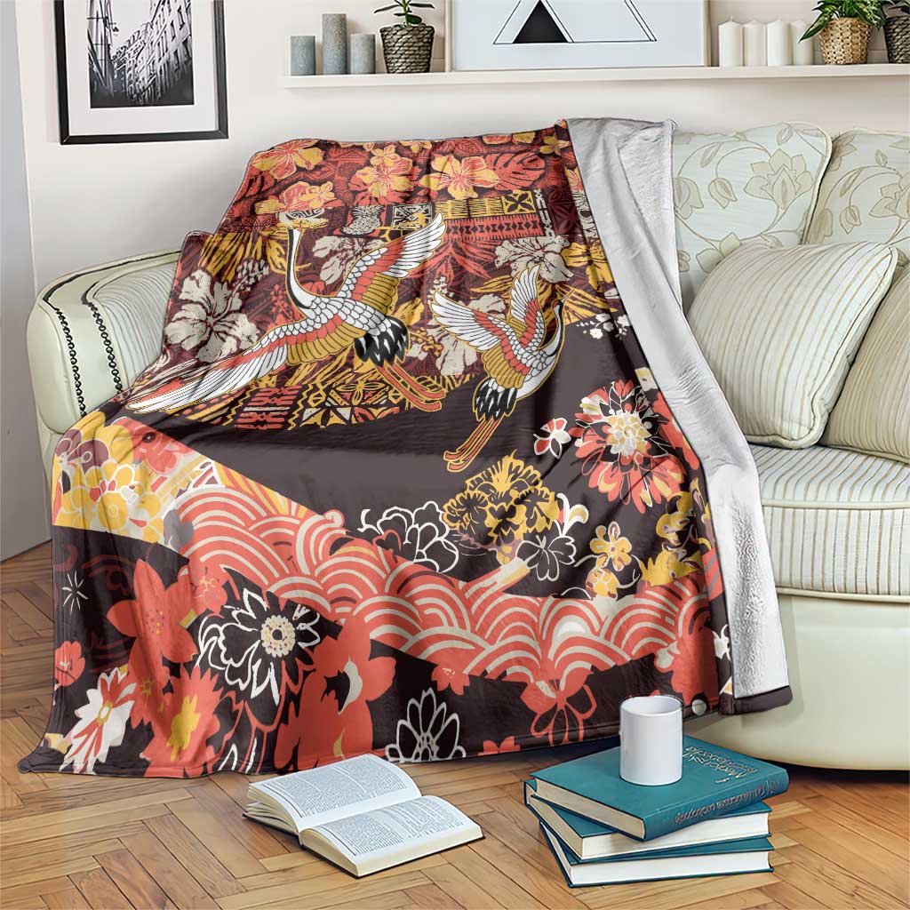 Japanese Hawaiian Crane Blanket Yellow Ochre Tapa Patchwork Pattern