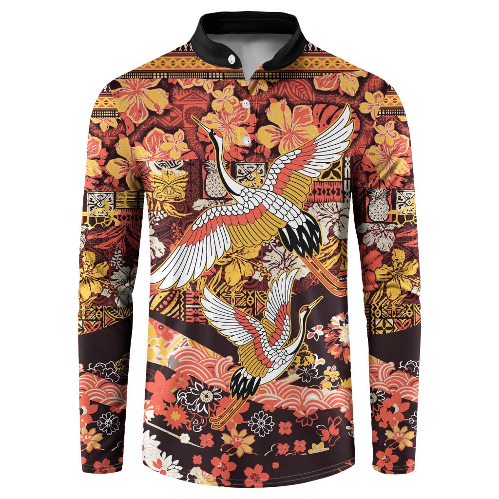 Japanese Hawaiian Crane Button Sweatshirt Yellow Ochre Tapa Patchwork Pattern