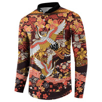 Japanese Hawaiian Crane Button Sweatshirt Yellow Ochre Tapa Patchwork Pattern