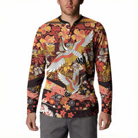 Japanese Hawaiian Crane Button Sweatshirt Yellow Ochre Tapa Patchwork Pattern