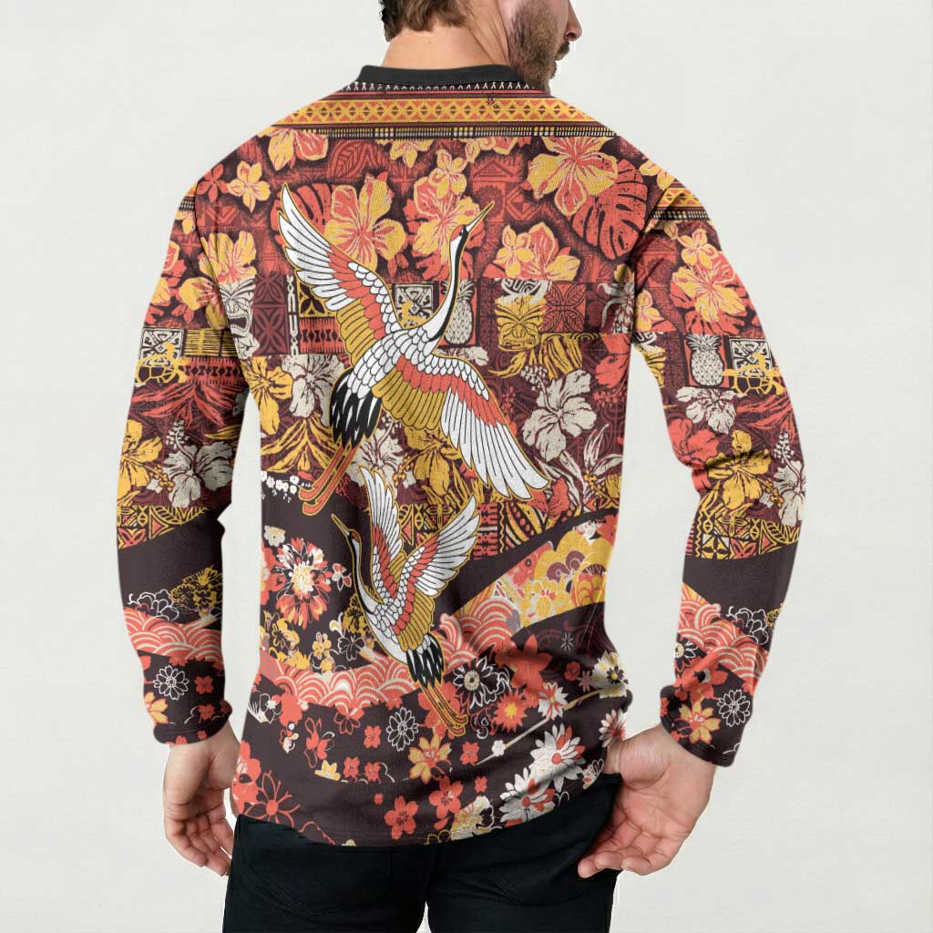 Japanese Hawaiian Crane Button Sweatshirt Yellow Ochre Tapa Patchwork Pattern