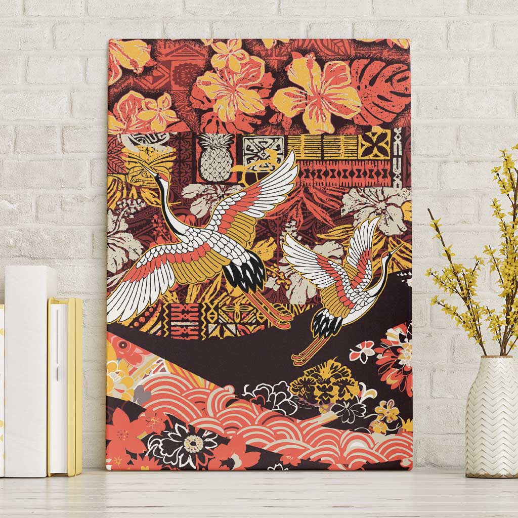 Japanese Hawaiian Crane Canvas Wall Art Yellow Ochre Tapa Patchwork Pattern LT9 Without Frame Yellow - Polynesian Pride