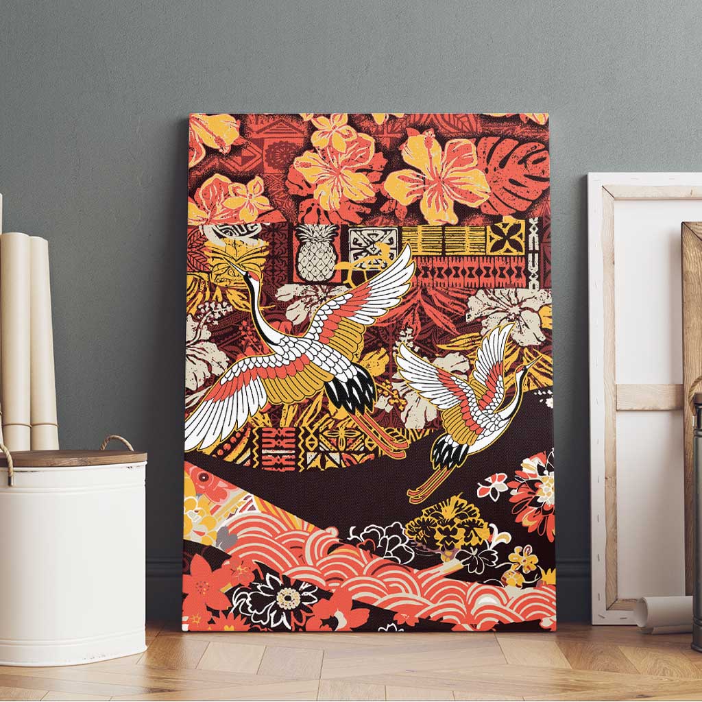 Japanese Hawaiian Crane Canvas Wall Art Yellow Ochre Tapa Patchwork Pattern LT9 - Polynesian Pride