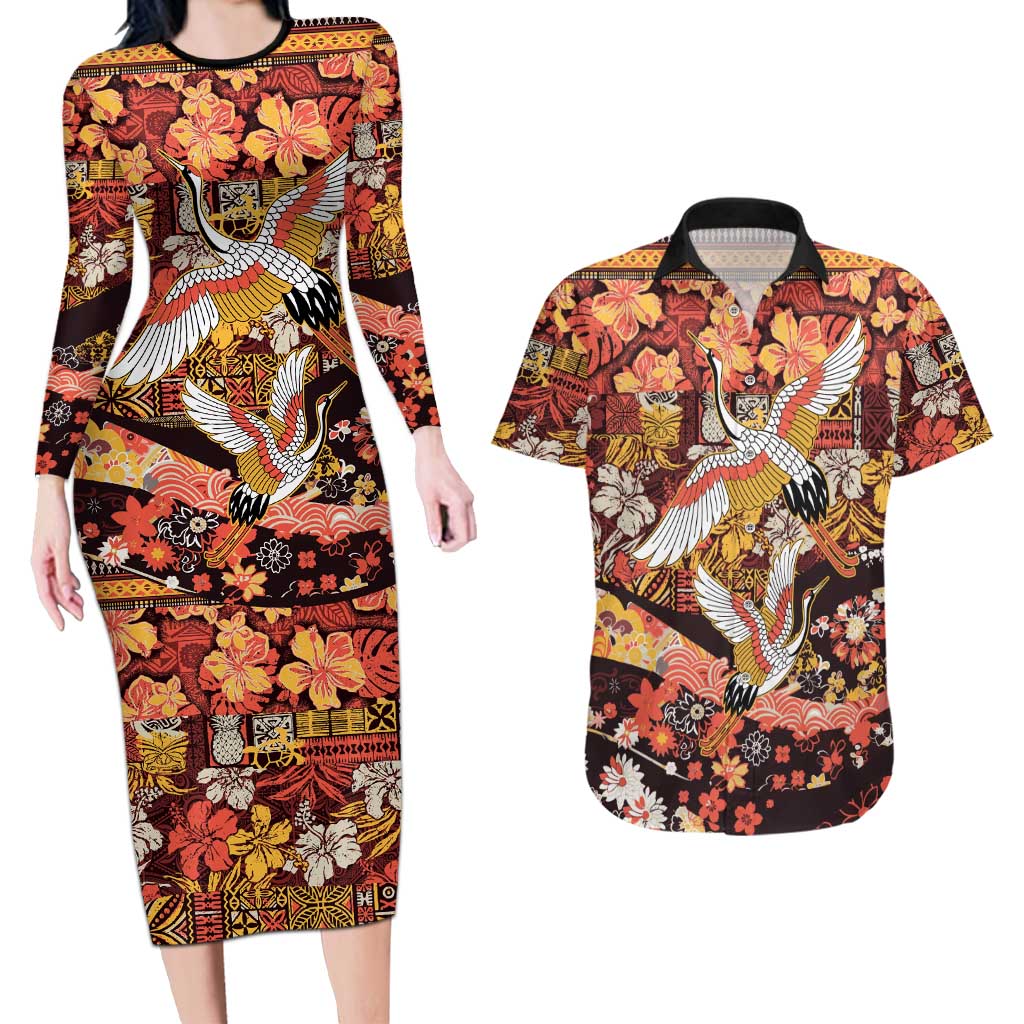 Japanese Hawaiian Crane Couples Matching Long Sleeve Bodycon Dress and Hawaiian Shirt Yellow Ochre Tapa Patchwork Pattern LT9 Yellow - Polynesian Pride