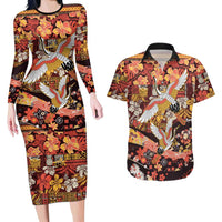 Japanese Hawaiian Crane Couples Matching Long Sleeve Bodycon Dress and Hawaiian Shirt Yellow Ochre Tapa Patchwork Pattern LT9 Yellow - Polynesian Pride
