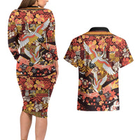 Japanese Hawaiian Crane Couples Matching Long Sleeve Bodycon Dress and Hawaiian Shirt Yellow Ochre Tapa Patchwork Pattern LT9 - Polynesian Pride