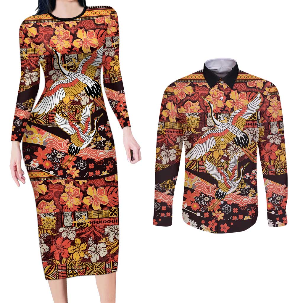Japanese Hawaiian Crane Couples Matching Long Sleeve Bodycon Dress and Long Sleeve Button Shirt Yellow Ochre Tapa Patchwork Pattern