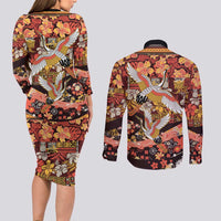 Japanese Hawaiian Crane Couples Matching Long Sleeve Bodycon Dress and Long Sleeve Button Shirt Yellow Ochre Tapa Patchwork Pattern