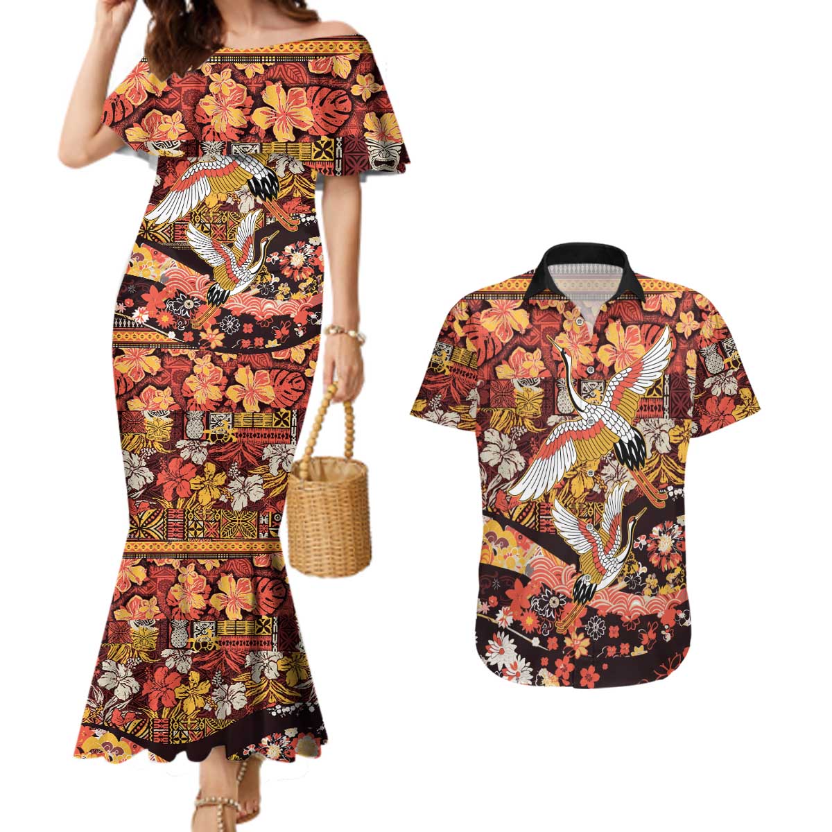 Japanese Hawaiian Crane Couples Matching Mermaid Dress and Hawaiian Shirt Yellow Ochre Tapa Patchwork Pattern LT9 Yellow - Polynesian Pride