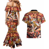 Japanese Hawaiian Crane Couples Matching Mermaid Dress and Hawaiian Shirt Yellow Ochre Tapa Patchwork Pattern LT9 - Polynesian Pride