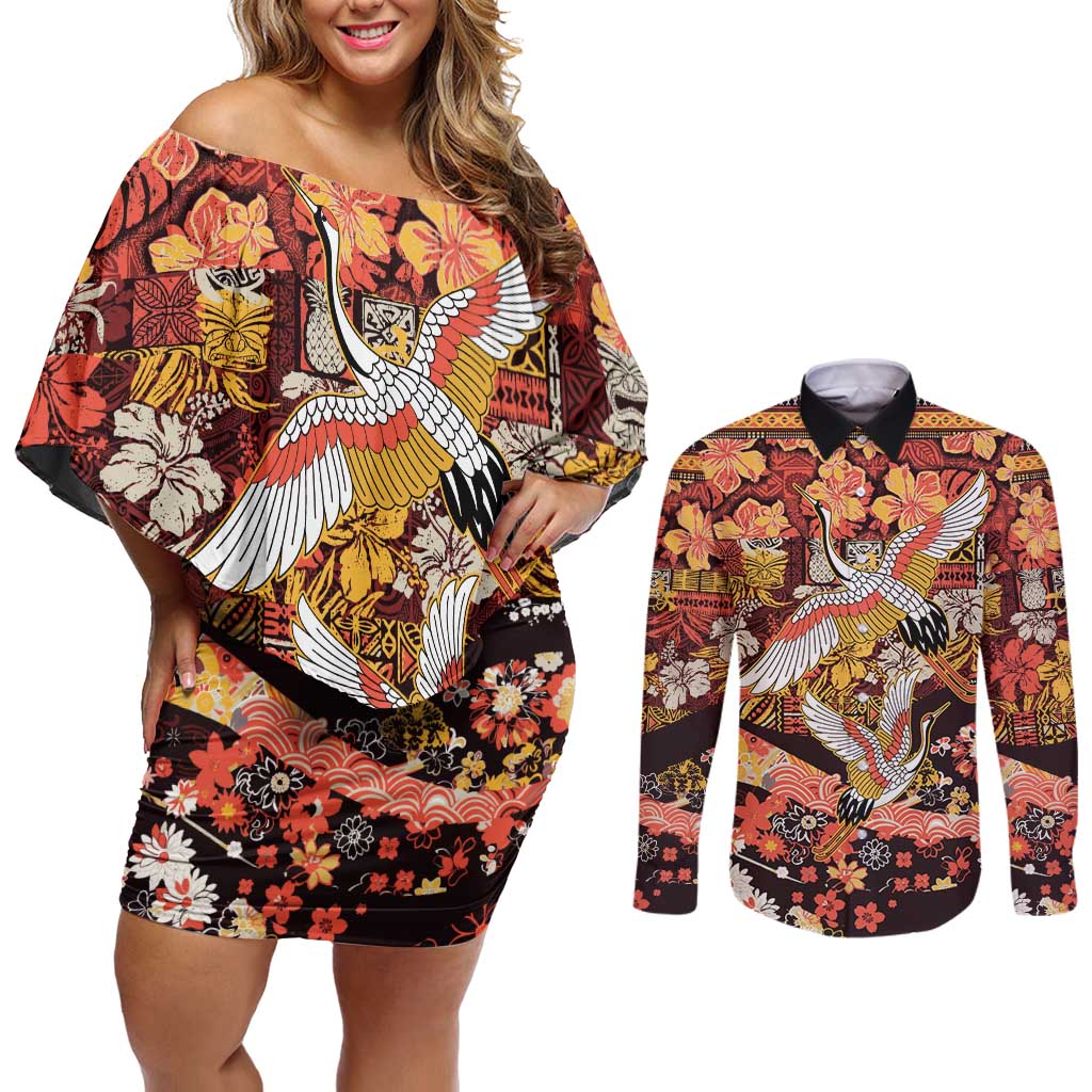 Japanese Hawaiian Crane Couples Matching Off Shoulder Short Dress and Long Sleeve Button Shirt Yellow Ochre Tapa Patchwork Pattern