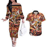 Japanese Hawaiian Crane Couples Matching Off The Shoulder Long Sleeve Dress and Hawaiian Shirt Yellow Ochre Tapa Patchwork Pattern LT9 Yellow - Polynesian Pride