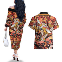 Japanese Hawaiian Crane Couples Matching Off The Shoulder Long Sleeve Dress and Hawaiian Shirt Yellow Ochre Tapa Patchwork Pattern LT9 - Polynesian Pride