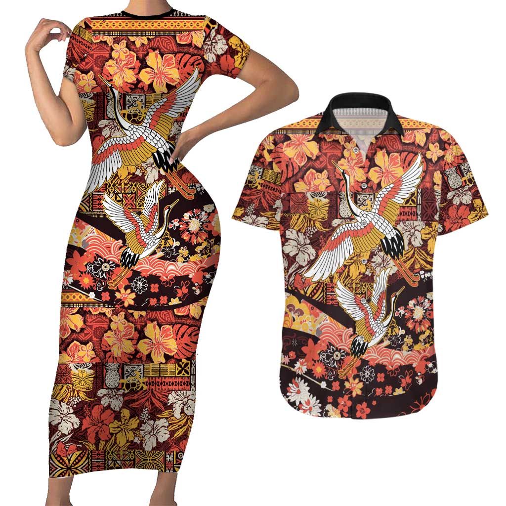 Japanese Hawaiian Crane Couples Matching Short Sleeve Bodycon Dress and Hawaiian Shirt Yellow Ochre Tapa Patchwork Pattern