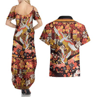 Japanese Hawaiian Crane Couples Matching Summer Maxi Dress and Hawaiian Shirt Yellow Ochre Tapa Patchwork Pattern