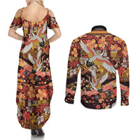 Japanese Hawaiian Crane Couples Matching Summer Maxi Dress and Long Sleeve Button Shirt Yellow Ochre Tapa Patchwork Pattern