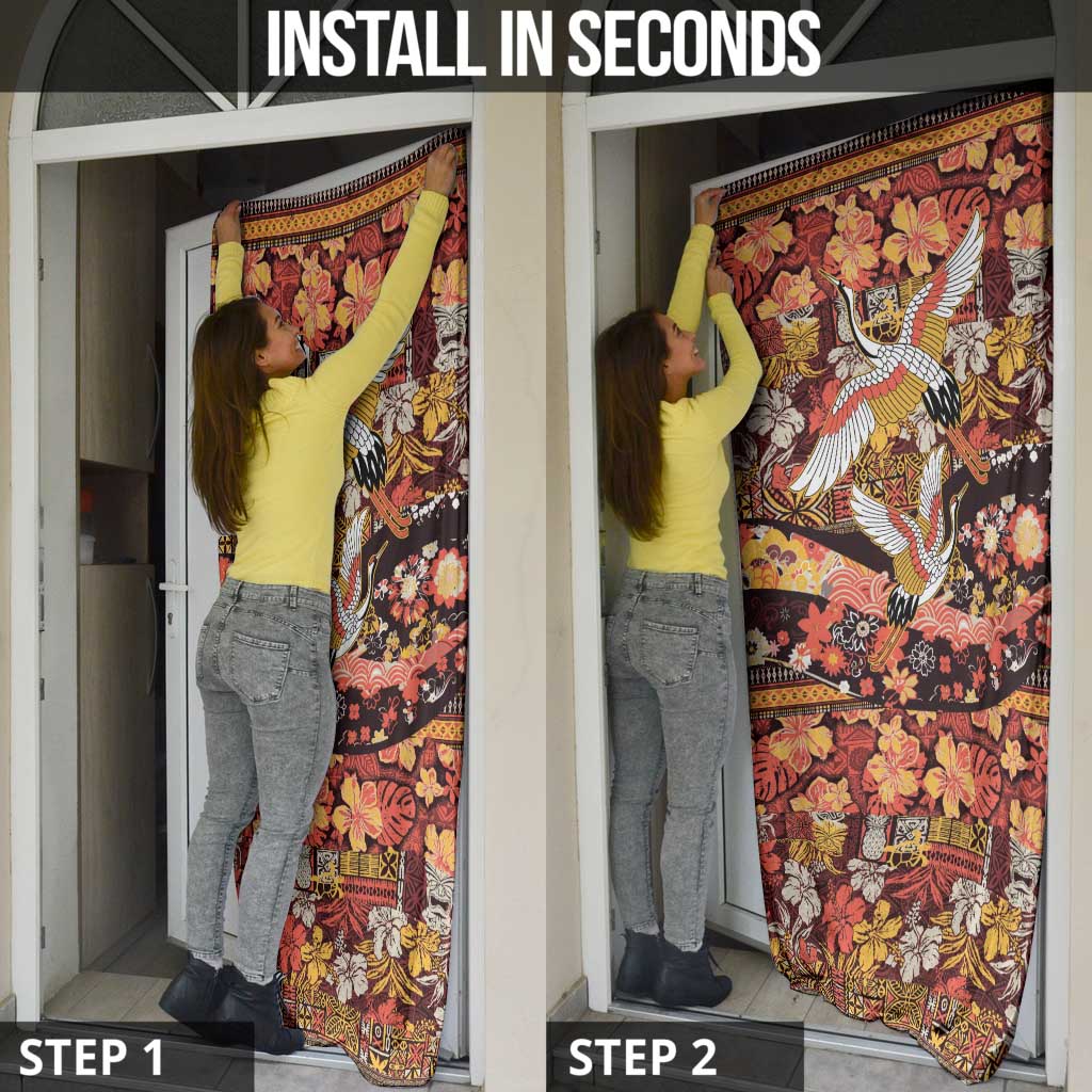 Japanese Hawaiian Crane Door Cover Yellow Ochre Tapa Patchwork Pattern