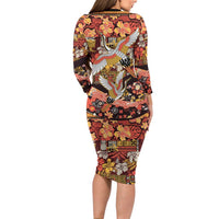 Japanese Hawaiian Crane Family Matching Long Sleeve Bodycon Dress and Hawaiian Shirt Yellow Ochre Tapa Patchwork Pattern