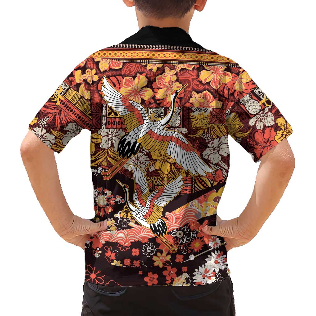 Japanese Hawaiian Crane Family Matching Mermaid Dress and Hawaiian Shirt Yellow Ochre Tapa Patchwork Pattern LT9 - Polynesian Pride