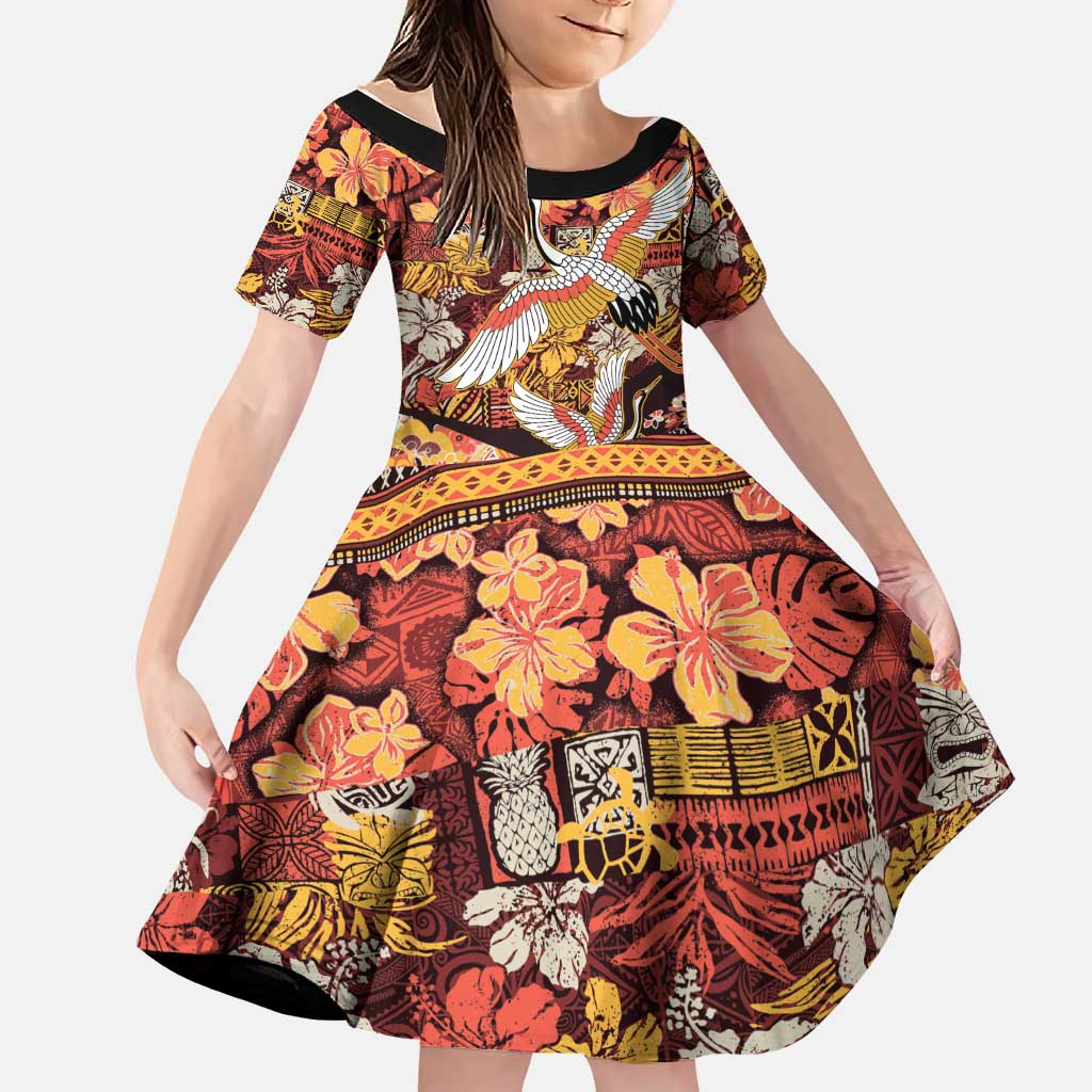 Japanese Hawaiian Crane Family Matching Mermaid Dress and Hawaiian Shirt Yellow Ochre Tapa Patchwork Pattern LT9 Daughter's Dress Yellow - Polynesian Pride