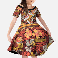 Japanese Hawaiian Crane Family Matching Mermaid Dress and Hawaiian Shirt Yellow Ochre Tapa Patchwork Pattern LT9 Daughter's Dress Yellow - Polynesian Pride