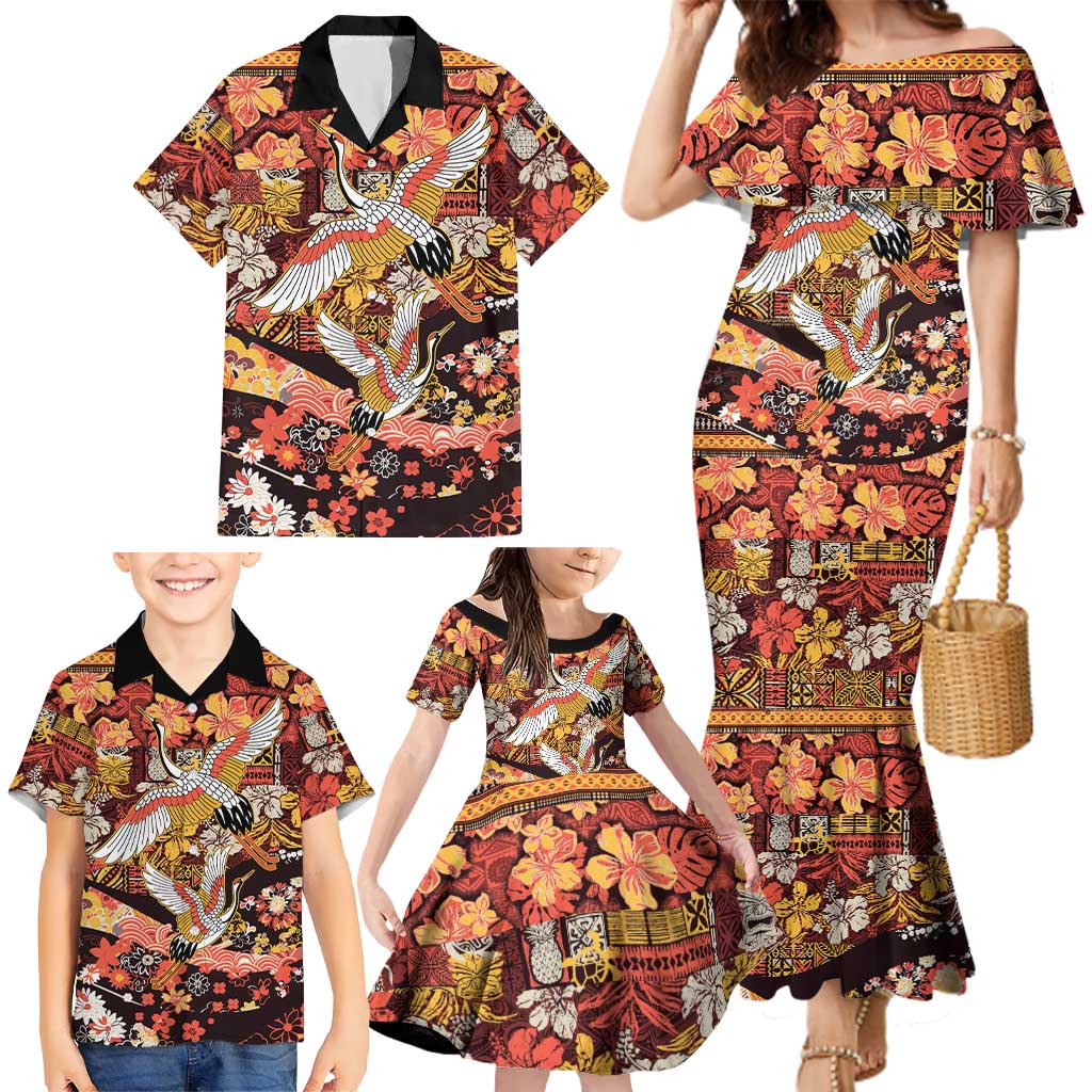 Japanese Hawaiian Crane Family Matching Mermaid Dress and Hawaiian Shirt Yellow Ochre Tapa Patchwork Pattern LT9 - Polynesian Pride