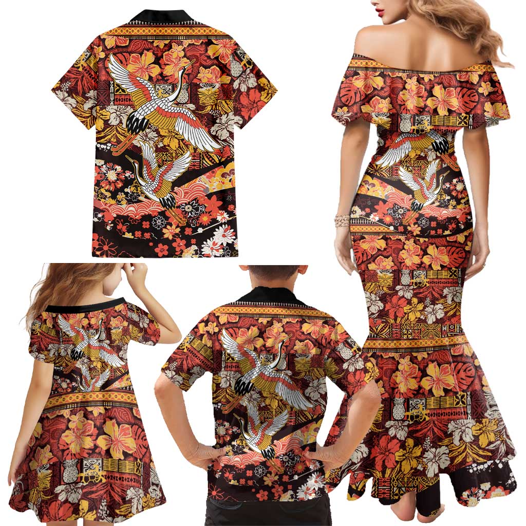Japanese Hawaiian Crane Family Matching Mermaid Dress and Hawaiian Shirt Yellow Ochre Tapa Patchwork Pattern LT9 - Polynesian Pride