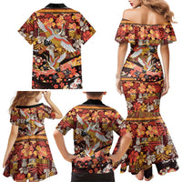 Japanese Hawaiian Crane Family Matching Mermaid Dress and Hawaiian Shirt Yellow Ochre Tapa Patchwork Pattern LT9 - Polynesian Pride