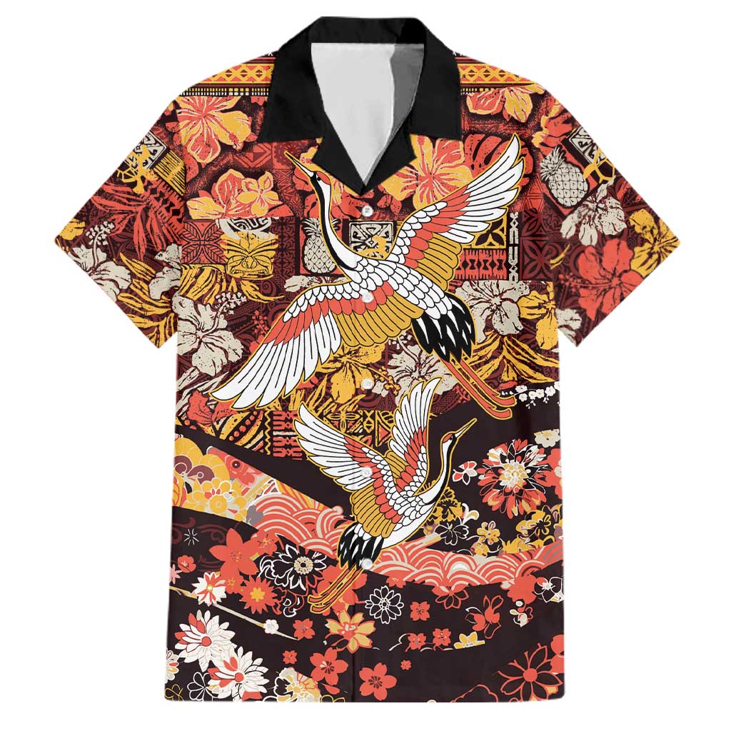 Japanese Hawaiian Crane Family Matching Mermaid Dress and Hawaiian Shirt Yellow Ochre Tapa Patchwork Pattern LT9 Dad's Shirt - Short Sleeve Yellow - Polynesian Pride