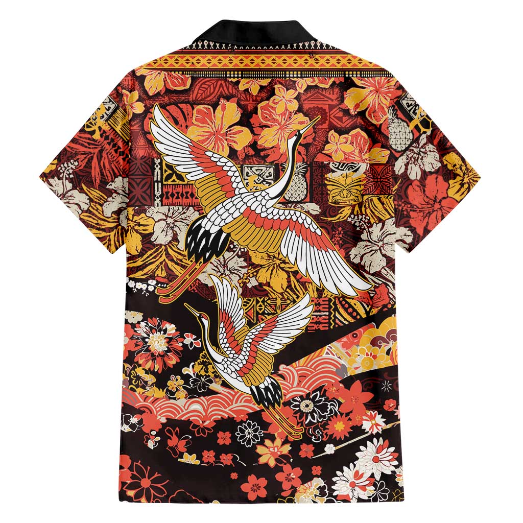 Japanese Hawaiian Crane Family Matching Mermaid Dress and Hawaiian Shirt Yellow Ochre Tapa Patchwork Pattern LT9 - Polynesian Pride