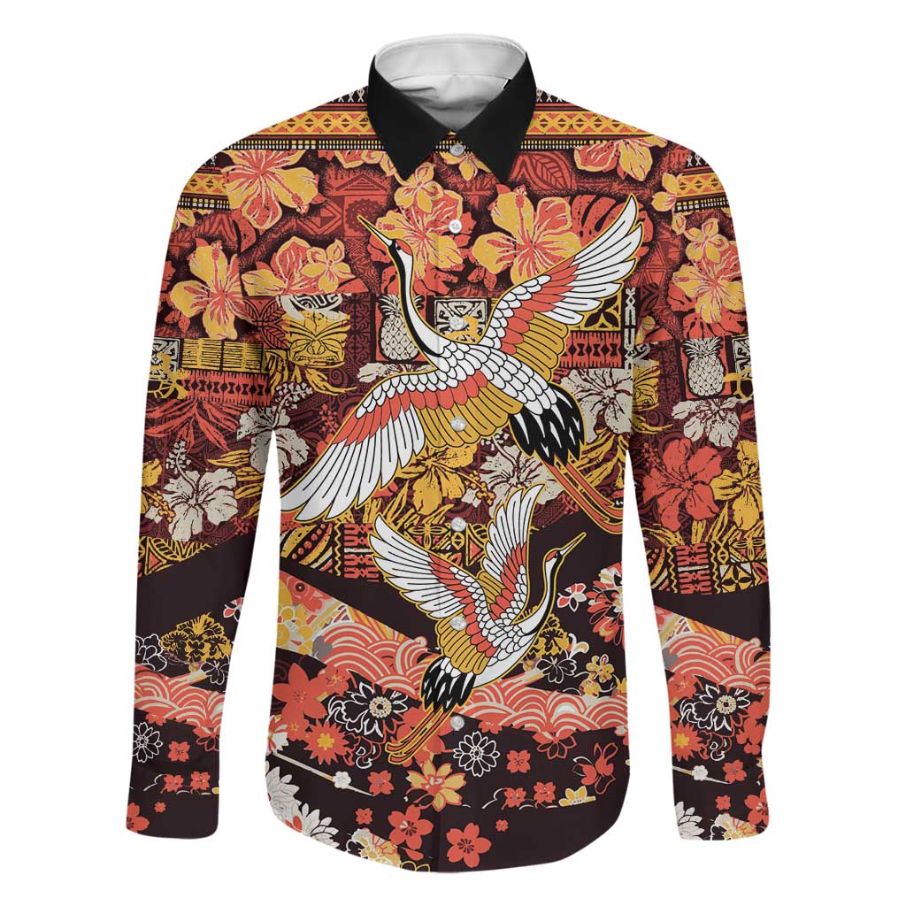 Japanese Hawaiian Crane Family Matching Mermaid Dress and Hawaiian Shirt Yellow Ochre Tapa Patchwork Pattern LT9 Dad's Shirt - Long Sleeve Yellow - Polynesian Pride