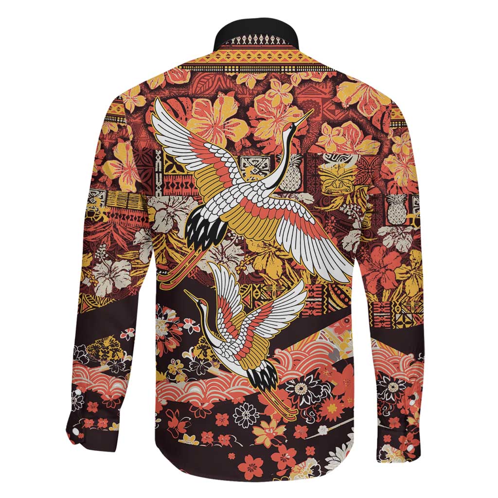 Japanese Hawaiian Crane Family Matching Mermaid Dress and Hawaiian Shirt Yellow Ochre Tapa Patchwork Pattern LT9 - Polynesian Pride