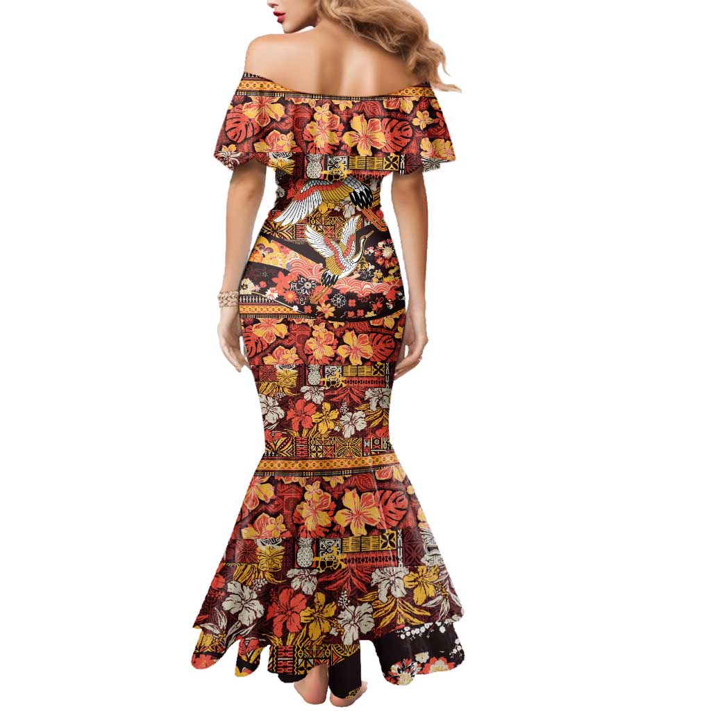 Japanese Hawaiian Crane Family Matching Mermaid Dress and Hawaiian Shirt Yellow Ochre Tapa Patchwork Pattern LT9 - Polynesian Pride