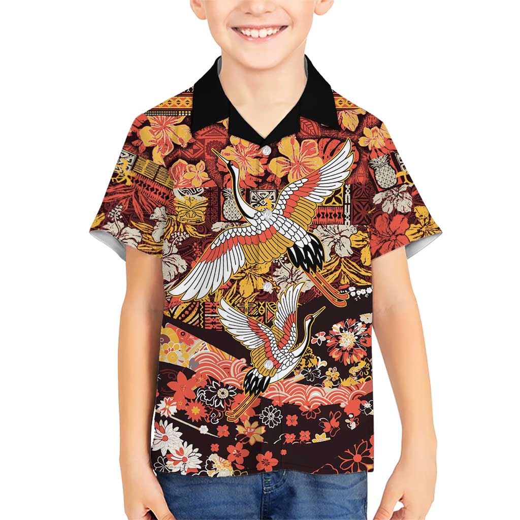 Japanese Hawaiian Crane Family Matching Mermaid Dress and Hawaiian Shirt Yellow Ochre Tapa Patchwork Pattern LT9 Son's Shirt Yellow - Polynesian Pride