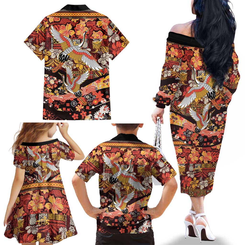 Japanese Hawaiian Crane Family Matching Off The Shoulder Long Sleeve Dress and Hawaiian Shirt Yellow Ochre Tapa Patchwork Pattern