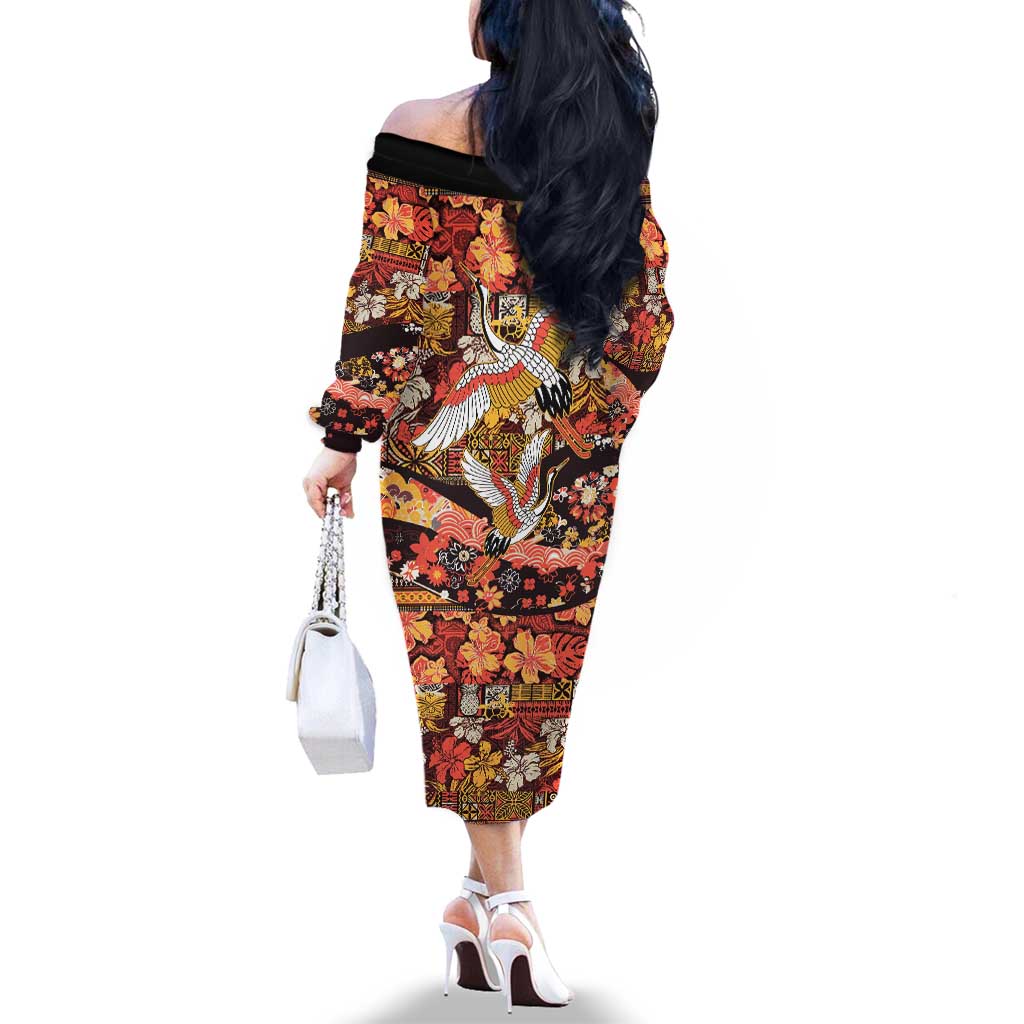 Japanese Hawaiian Crane Family Matching Off The Shoulder Long Sleeve Dress and Hawaiian Shirt Yellow Ochre Tapa Patchwork Pattern