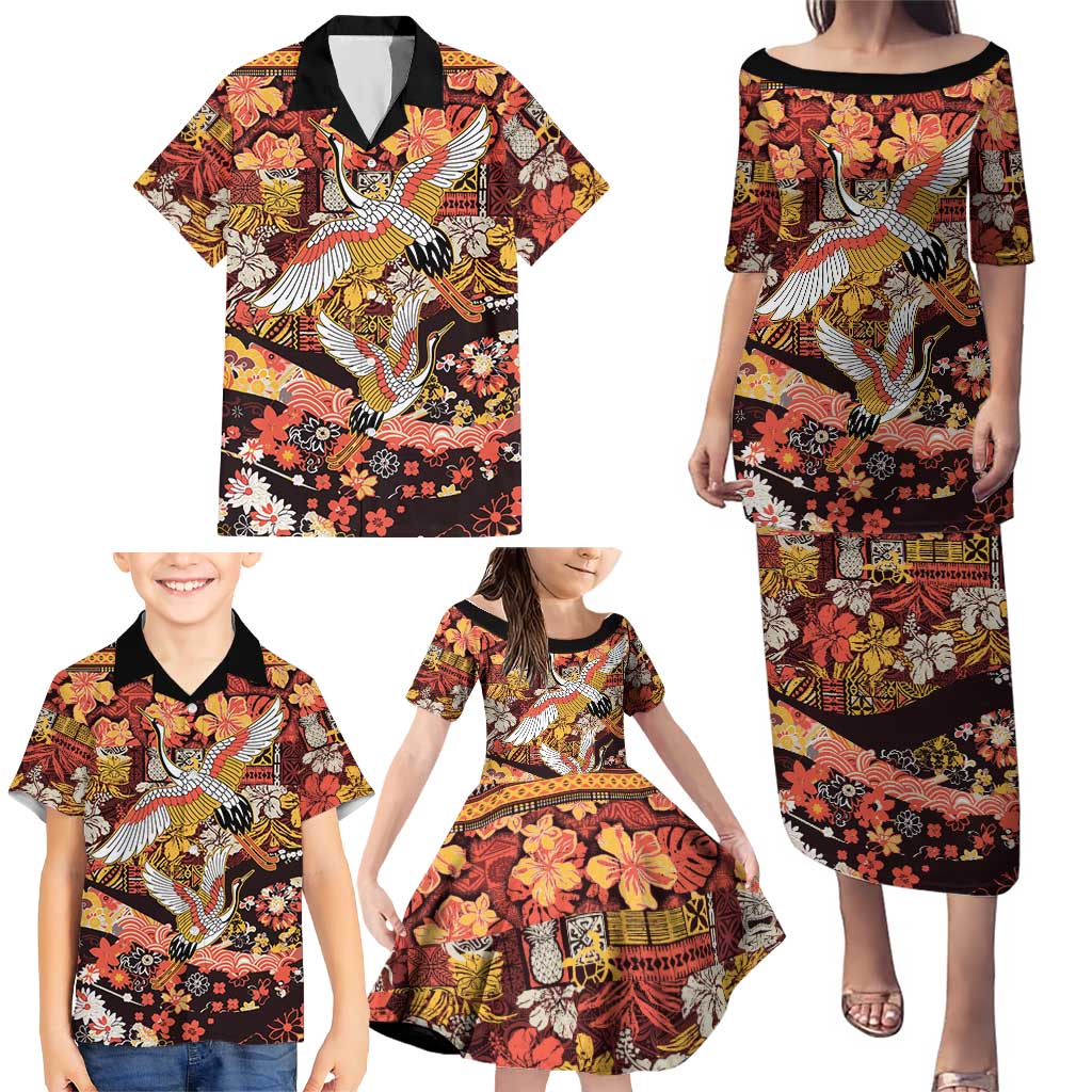 Japanese Hawaiian Crane Family Matching Puletasi and Hawaiian Shirt Yellow Ochre Tapa Patchwork Pattern