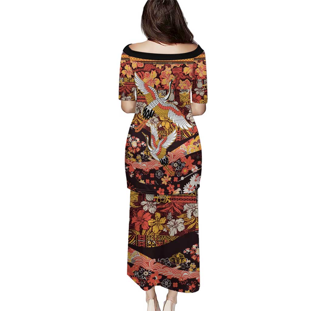 Japanese Hawaiian Crane Family Matching Puletasi and Hawaiian Shirt Yellow Ochre Tapa Patchwork Pattern