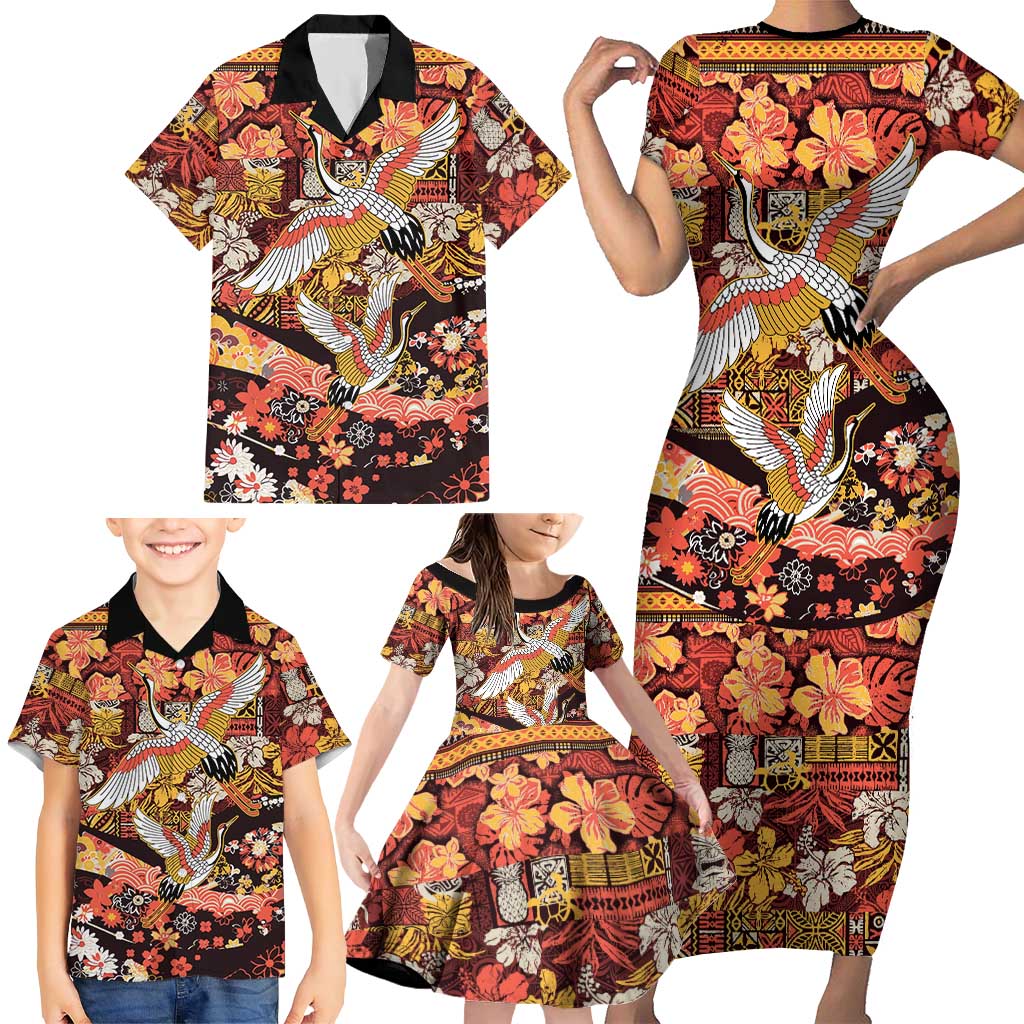 Japanese Hawaiian Crane Family Matching Short Sleeve Bodycon Dress and Hawaiian Shirt Yellow Ochre Tapa Patchwork Pattern