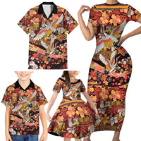 Japanese Hawaiian Crane Family Matching Short Sleeve Bodycon Dress and Hawaiian Shirt Yellow Ochre Tapa Patchwork Pattern