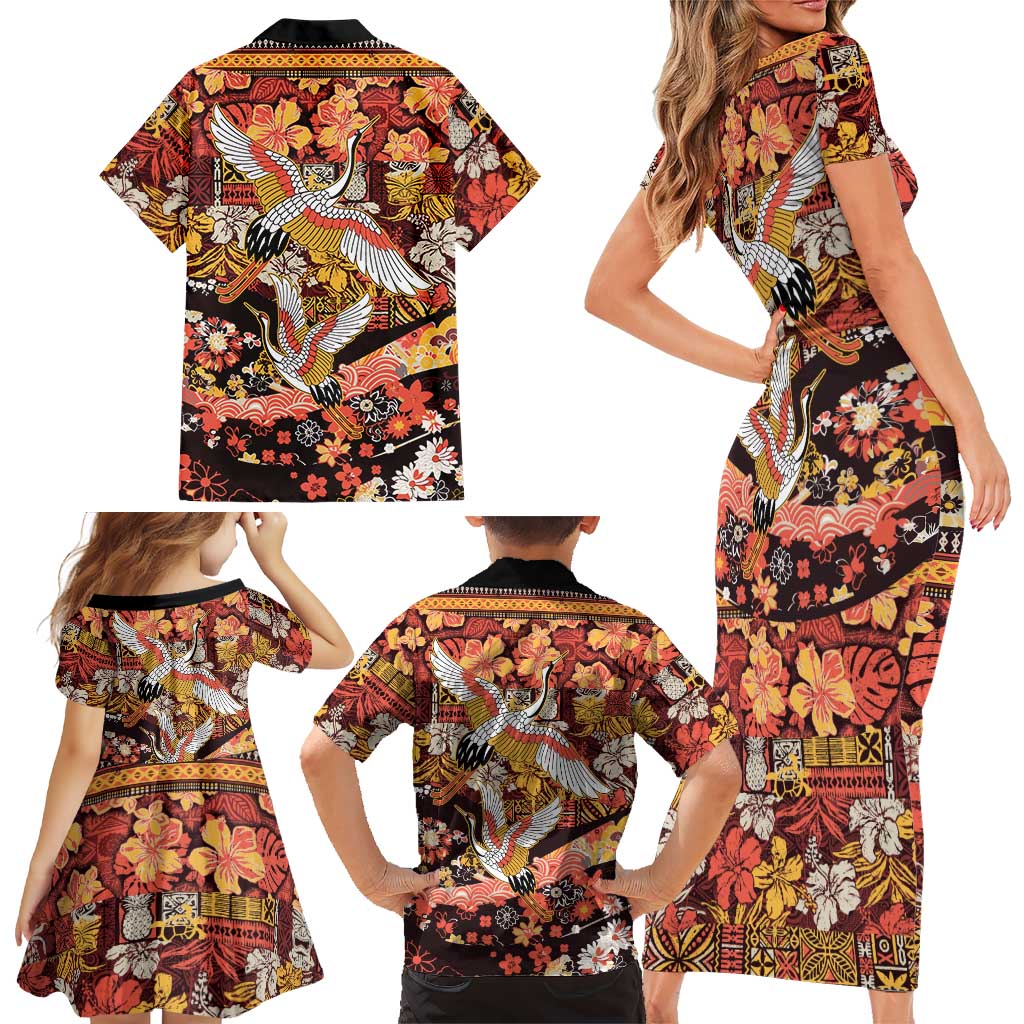 Japanese Hawaiian Crane Family Matching Short Sleeve Bodycon Dress and Hawaiian Shirt Yellow Ochre Tapa Patchwork Pattern