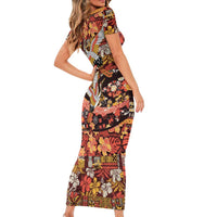 Japanese Hawaiian Crane Family Matching Short Sleeve Bodycon Dress and Hawaiian Shirt Yellow Ochre Tapa Patchwork Pattern