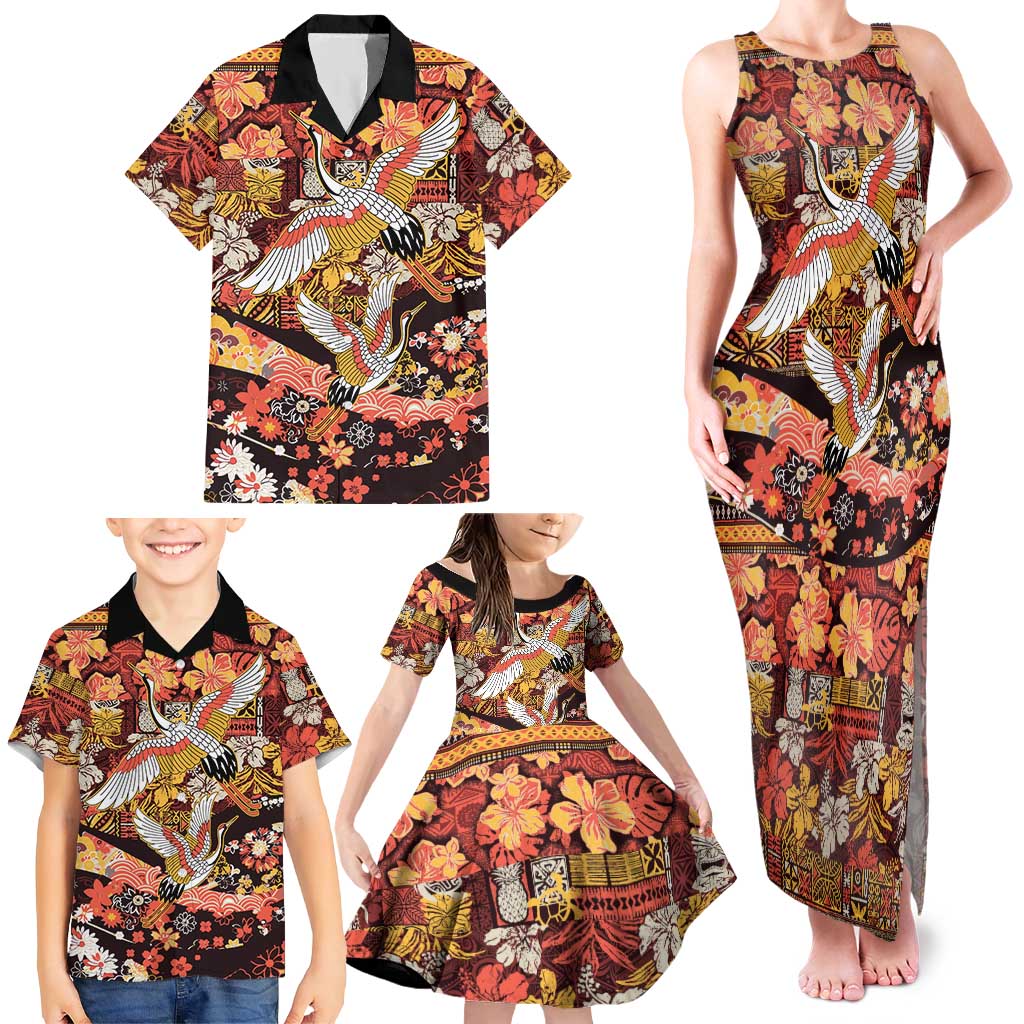 Japanese Hawaiian Crane Family Matching Tank Maxi Dress and Hawaiian Shirt Yellow Ochre Tapa Patchwork Pattern